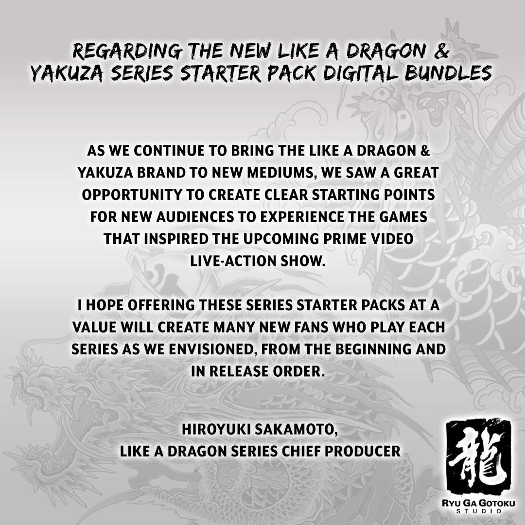 RGGStudio's tweet image. Like a Dragon Series Chief Producer Hiroyuki Sakamoto would like to share a message to commemorate the launch of two new digital bundles on PlayStation, Xbox, and Steam 🚀

🐉Yakuza Series Starter Pack - Yakuza Kiwami, Yakuza Kiwami 2
🏝️Like a Dragon Series Starter Pack - Yakuza:…