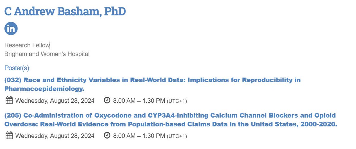 Excited for <a href="/IntPharmacoEpi/">International Society for Pharmacoepidemiology</a> conference (August 24-28) in #Berlin where I will present two projects from my #postdoc <a href="/BrighamWomens/">Brigham and Women's Hospital</a> <a href="/harvardmed/">Harvard Medical School</a> in the Division of Pharmacoepidemiology and Pharmacoeconomics #icpe2024:
