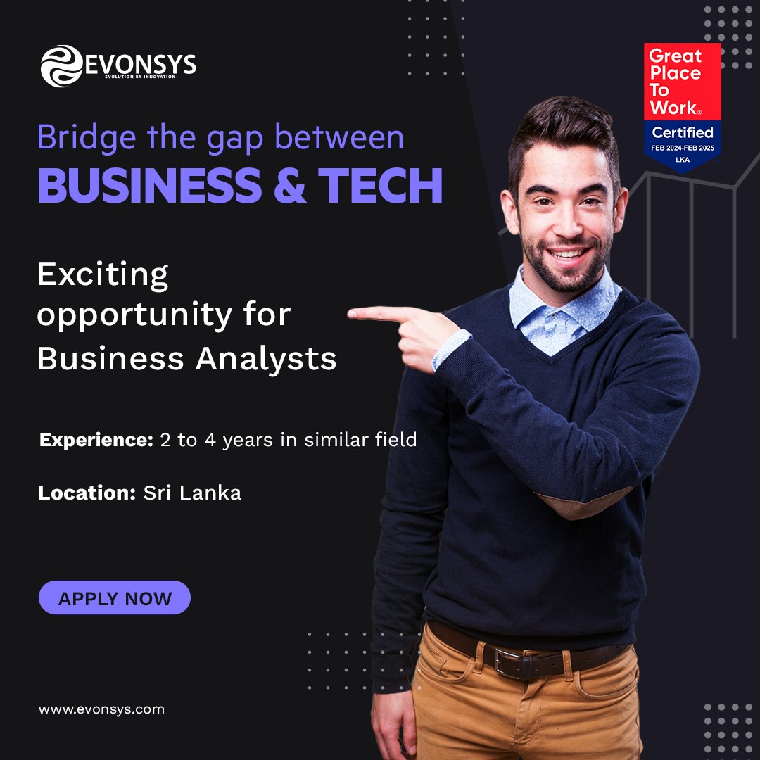 EvonSys's tweet photo. We are calling for Business Analysts for our Sri Lanka Center. Strong analysis skills, communication and teamwork are essential. Experience in healthcare or finance is a plus.
Send resumes to sharmain.dharmaratne@evonsys.com to join our team!
#LifeAtEvonSys #EvonSysSriLanka https://t.co/UuYSVK9TJl