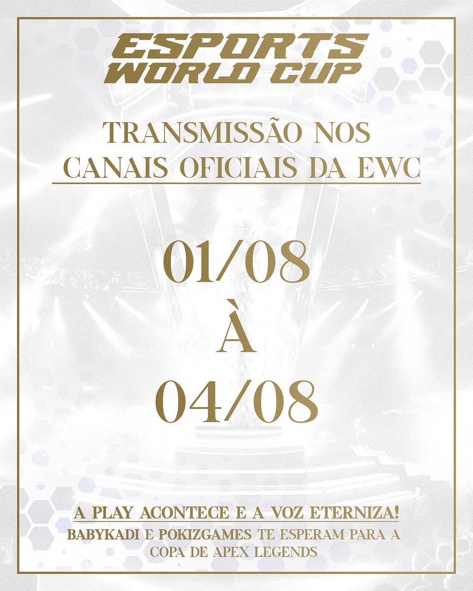 OFICIAL!!!
Apresentadora e Narradora da Copa do Mundo de Esports - Apex Legends! 

Convido vocês pra acompanhar a transmissão pelo canal Oficial da <a href="/EWC_EN/">Esports World Cup</a>  !
Estarei em banca com o <a href="/pOkizGames/">FURIA pOkiz</a> narrando tudo pra vocês! 

Anota aí! 
De 1 a 4 de agosto temos um encontro marcado! ✨