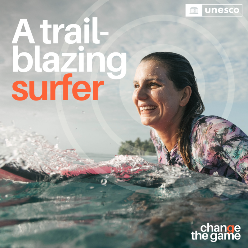UNESCO's tweet photo. @UNESCO's Champion for the Ocean and Youth, @MayaGabeira, has not only conquered enormous waves but also set numerous world records, inspiring a new generation of surfers.

Maya continues to #ChangeTheGame! 🏄‍♀️