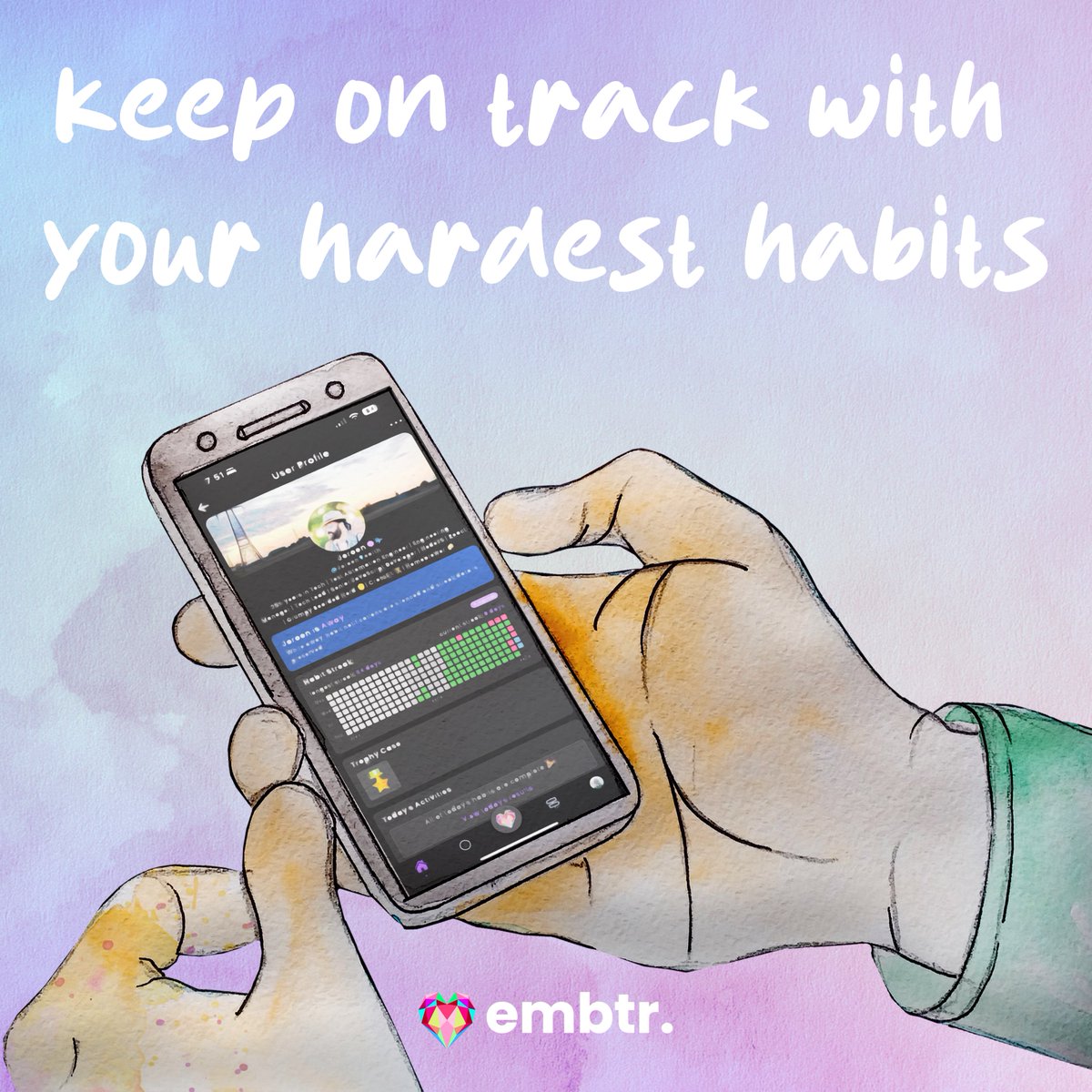 With habit streaks and customs habits, Embtr has your back keeping on track with the most difficult goals! Get started today by finding Embtr on mobile app stores.