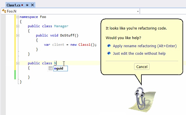 To celebrate #20YearsOfReSharper, I need to highlight my greatest achievement at JetBrains. 10 years ago, I wrote a blog post about Clippy for ReSharper. 
The best bit was that it was a real plugin, and you lucky people, it's back for R# 2024.1 and above!
blog.jetbrains.com/dotnet/2014/04…