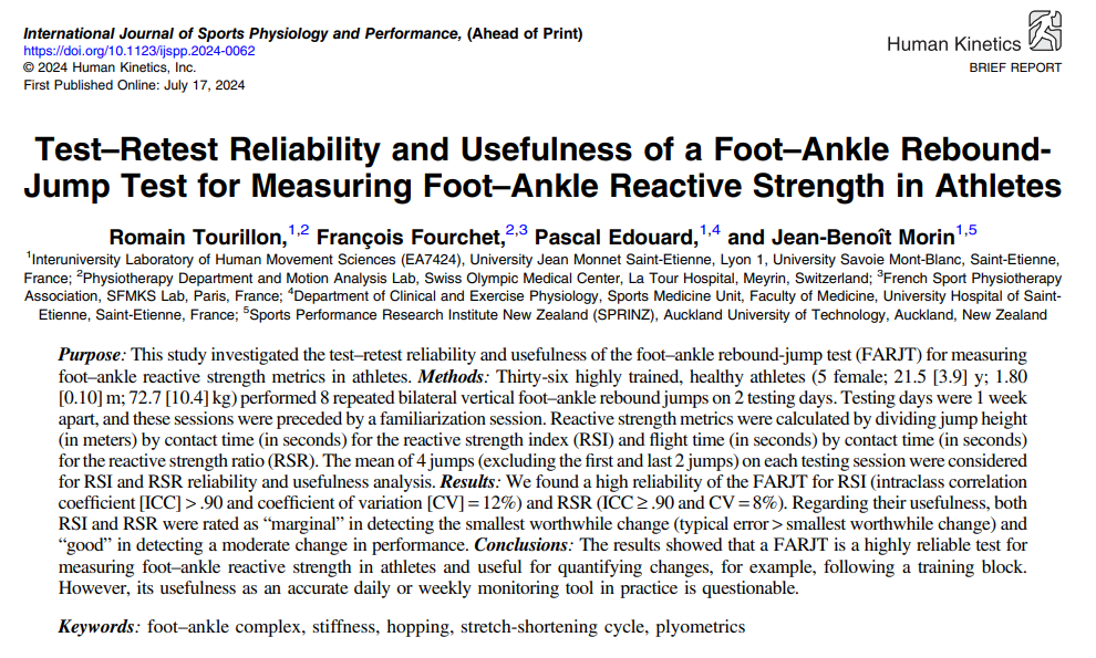 Eamonn Flanagan (@eamonnflanagan) on Twitter photo The Foot-Ankle Rebound Jump Test for measurement of reactive strength
From <a href="/r_tourillon/">Romain Tourillon</a>, and <a href="/jb_morin/">JB Morin</a>
Similar bilateral protocol to <a href="/DHMov/">Damian Harper, PhD</a> 10-5 RJT protocol:
Athletes instructed to:
• Perform 8 continuous jumps
• Only use plantarflexion of ankle & metatarsophalangeal The Foot-Ankle Rebound Jump Test for measurement of reactive strength
From <a href="/r_tourillon/">Romain Tourillon</a>, and <a href="/jb_morin/">JB Morin</a>
Similar bilateral protocol to <a href="/DHMov/">Damian Harper, PhD</a> 10-5 RJT protocol:
Athletes instructed to:
• Perform 8 continuous jumps
• Only use plantarflexion of ankle & metatarsophalangeal