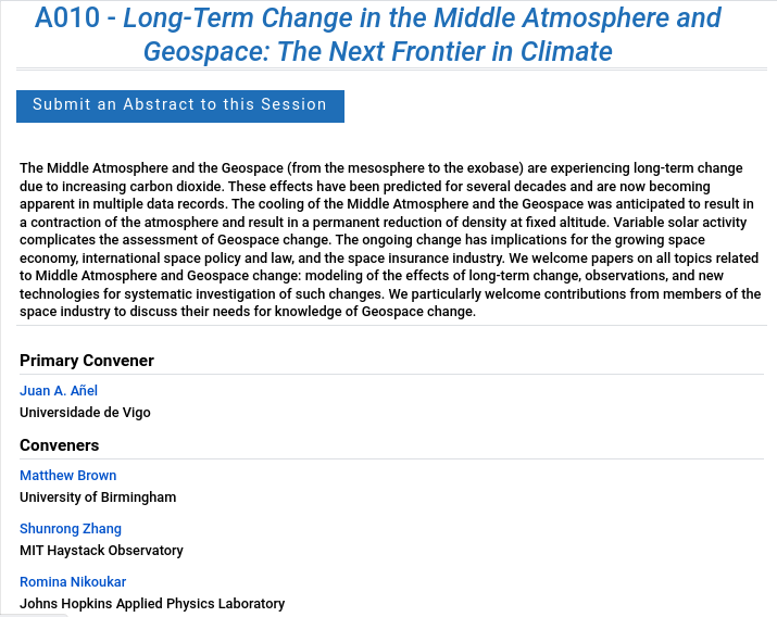 Juan Antonio Añel Cabanelas (@aetherlux) on Twitter photo Next Wednesday 31 is the deadline to submit abstracts for <a href="/theAGU/">AGU (American Geophysical Union)</a> Fall Meeting in Washington DC.
If you work on impacts of climate change from the stratosphere to the top of the atmosphere, including space debris issues, submit an abstract to our session.
agu.confex.com/agu/agu24/prel… Next Wednesday 31 is the deadline to submit abstracts for <a href="/theAGU/">AGU (American Geophysical Union)</a> Fall Meeting in Washington DC.
If you work on impacts of climate change from the stratosphere to the top of the atmosphere, including space debris issues, submit an abstract to our session.
agu.confex.com/agu/agu24/prel…