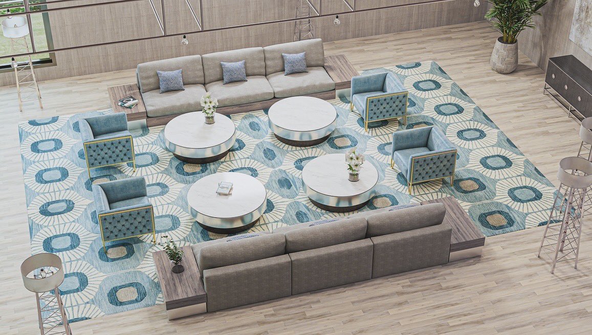 BashianRug's tweet photo. Step into sophistication! This grand hotel lobby features a stunning custom hand-tufted Chelsea light blue @bashianrug paired with sleek Vector Ocean Blue accent chairs from @manhattancomfort. A match made in design heaven. 💙 #DesignInspiration #HotelStyle https://t.co/eVouGxIr9g