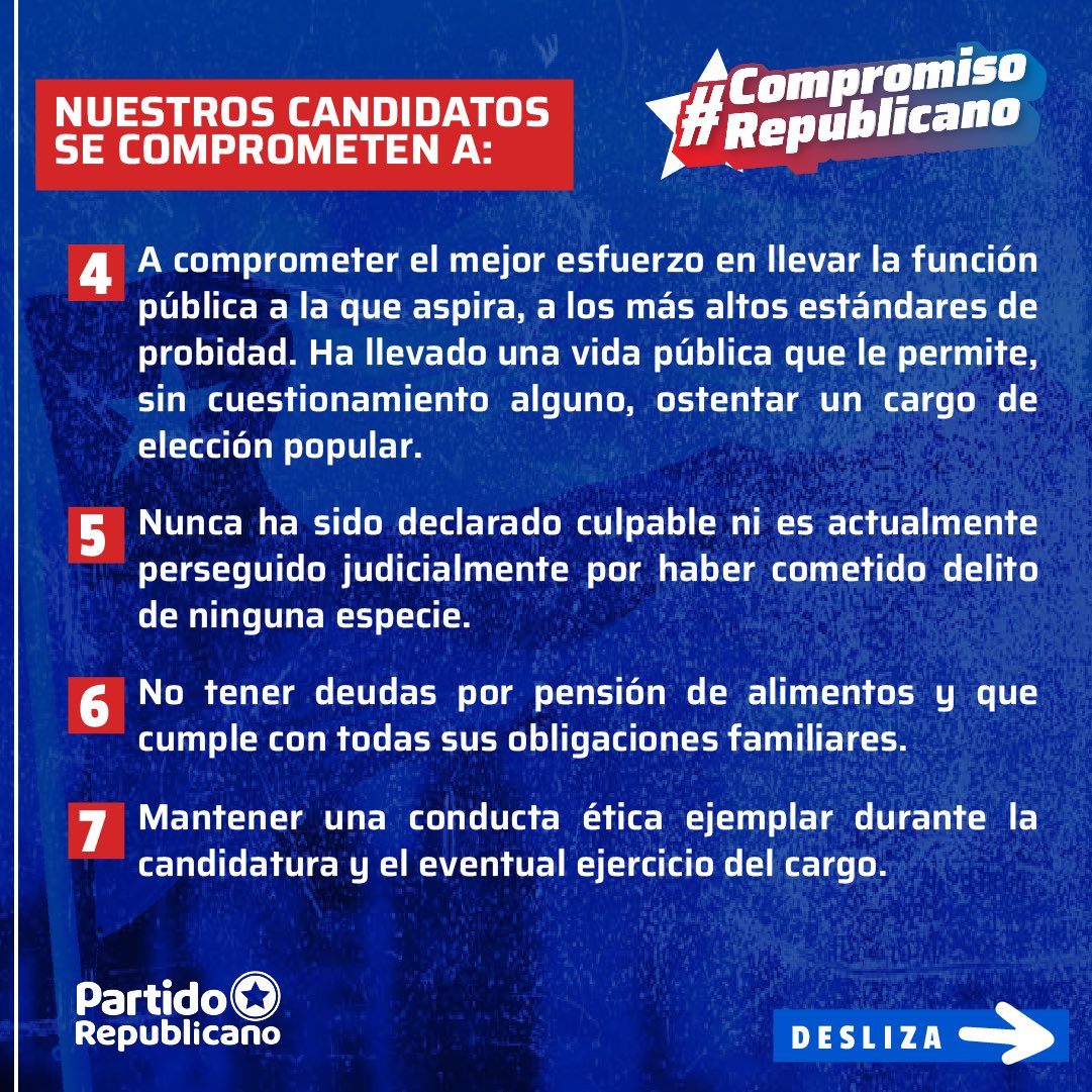 PRChile's tweet photo. #CompromisoRepublicano 🇨🇱
Cada uno de nuestros candidatos ha firmado un compromiso que incluye los siguientes puntos 👇 https://t.co/iI0RdOV9Wt