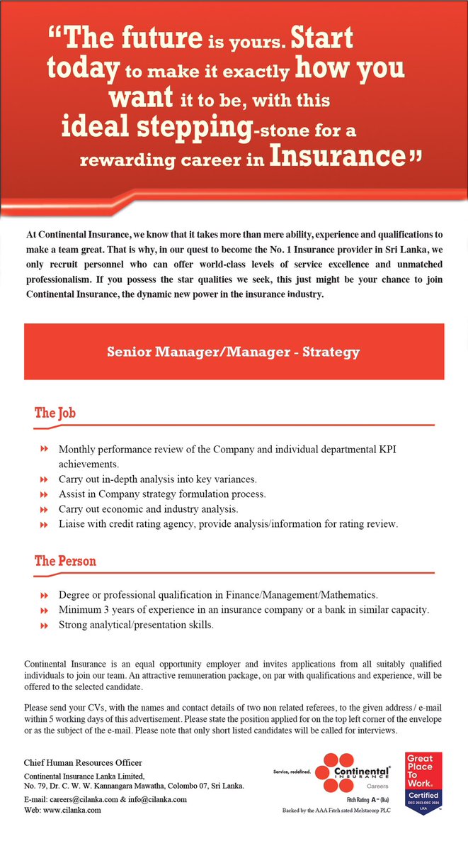 Conti_insurance's tweet photo. If you possess the star qualities we seek, this might be your chance to join Continental Insurance, a dynamic new leader in the insurance industry. Submit your CV to hr@cilanka.com or visit our website: https://t.co/WDP0dYCesv
#ContinentalInsurance
#Careers
#ObviousChoice https://t.co/jwr7gM2MkK