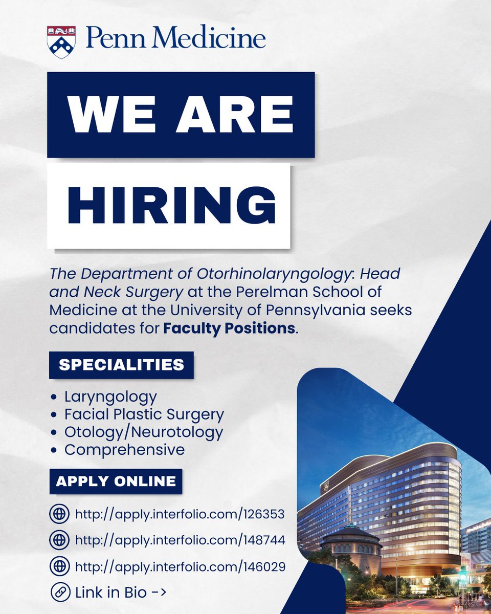 Penn_ENT's tweet photo. 🔍 Penn Medicine's Department of OTO is seeking candidates for faculty positions to join our #ENTeam. If you have expertise in the field of laryngology, facial plastic surgery, otology/neurotology, or comprehensive otolaryngology, apply through the #linkinbio. 🔗 https://t.co/yyHN3KtluS