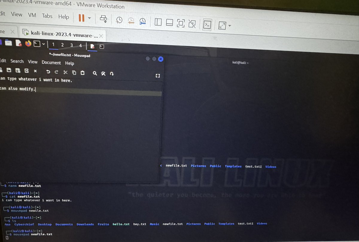 Exploring File Creation and Modification in Kali Linux 
nano (CLI)
mousepad (GUI)