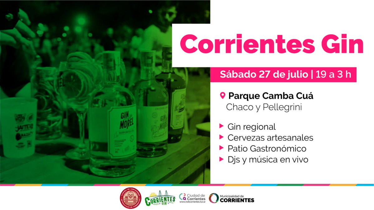 municorrientes's tweet photo. Sábado de #CorrientesGin en el parque Camba Cuá 🍹 Desde las 19, los vecinos podrán degustar gin regional, cervezas artesanales, aprovechar el patio gastronómico y disfrutar de Djs y música en vivo 🤩 Los esperamos ✨ https://t.co/Wag0QHJCea