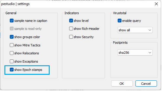 ochsenmeier's tweet image. When the setting selected, #pestudio now shows the stamps in UTC and Epoch. #dfir #malware #infosec