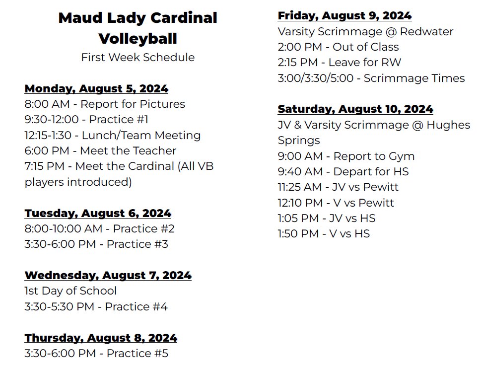 Please see the attached practice schedule for our Lady Cardinal Volleyball teams. This is for incoming 9th-12th graders. Practice starts Monday, August 5th! #MaudTXISD