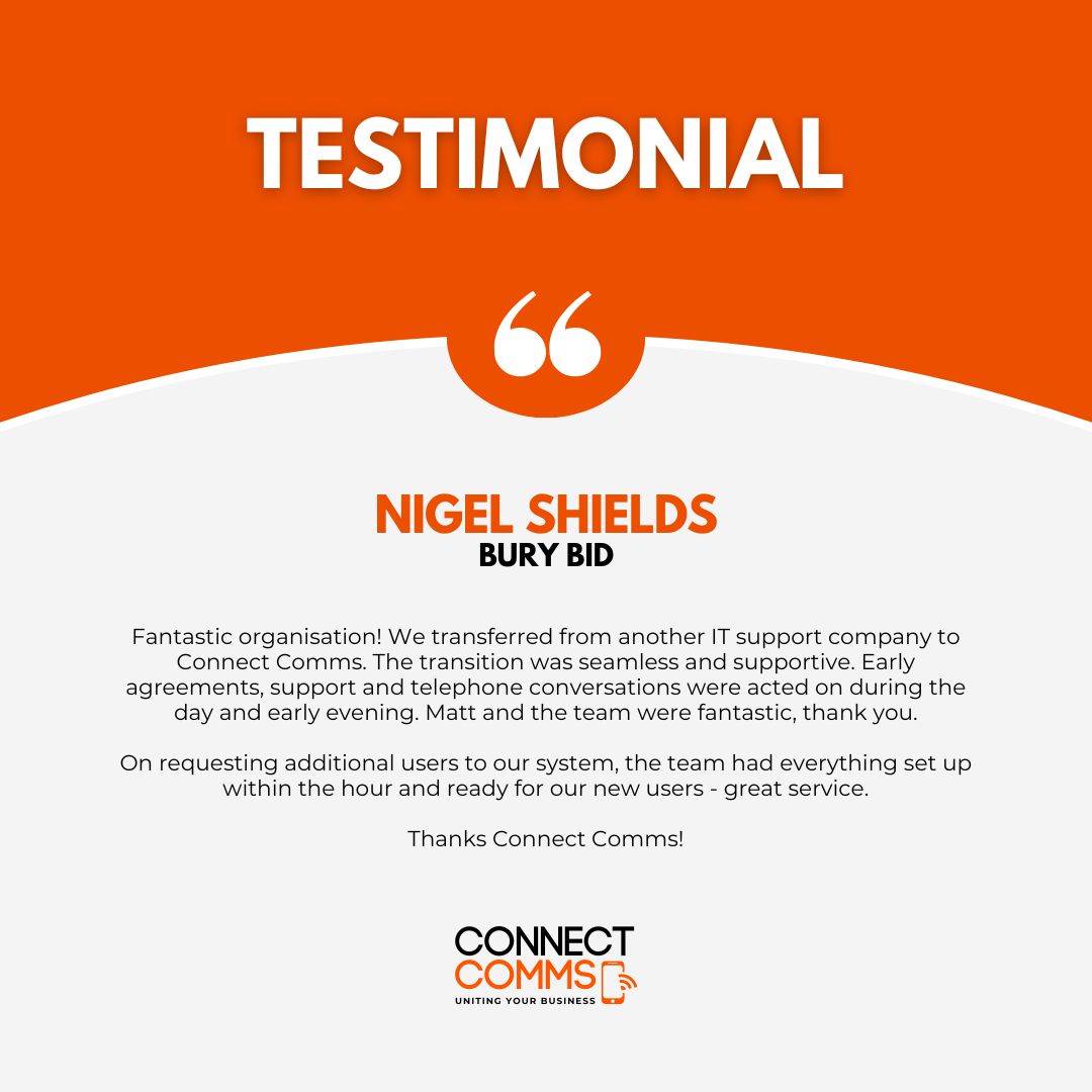 ConnectCommsUK's tweet photo. Another review! ⭐

A big thank you to Nigel from Bury BID Ltd, for the kind words. 😊

Speak to a member of our team today on how we can benefit your business 💬

📱 0161 764 5242
🌐 https://t.co/Tb8aGjuAwI

#ConnectComms https://t.co/TBmTxnVPS4