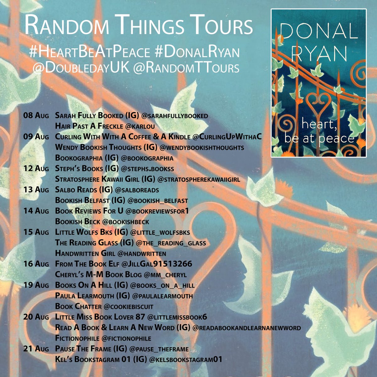 Such a pleasure to organise this #RandomThingsTours Blog Tour for #HeartBeAtPeace by #DonalRyan with <a href="/DoubledayUK/">Doubleday Books</a> 
Begins 08 August 

<a href="/cookiebiscuit/">Veronika Jordan</a> 
<a href="/Littlemissbook6/">𝑽𝒊𝒌’𝒔 𝑩𝒐𝒐𝒌 𝑯𝒂𝒗𝒆𝒏</a> 
<a href="/fictionophile/">Fictionophile 📚🇨🇦</a>