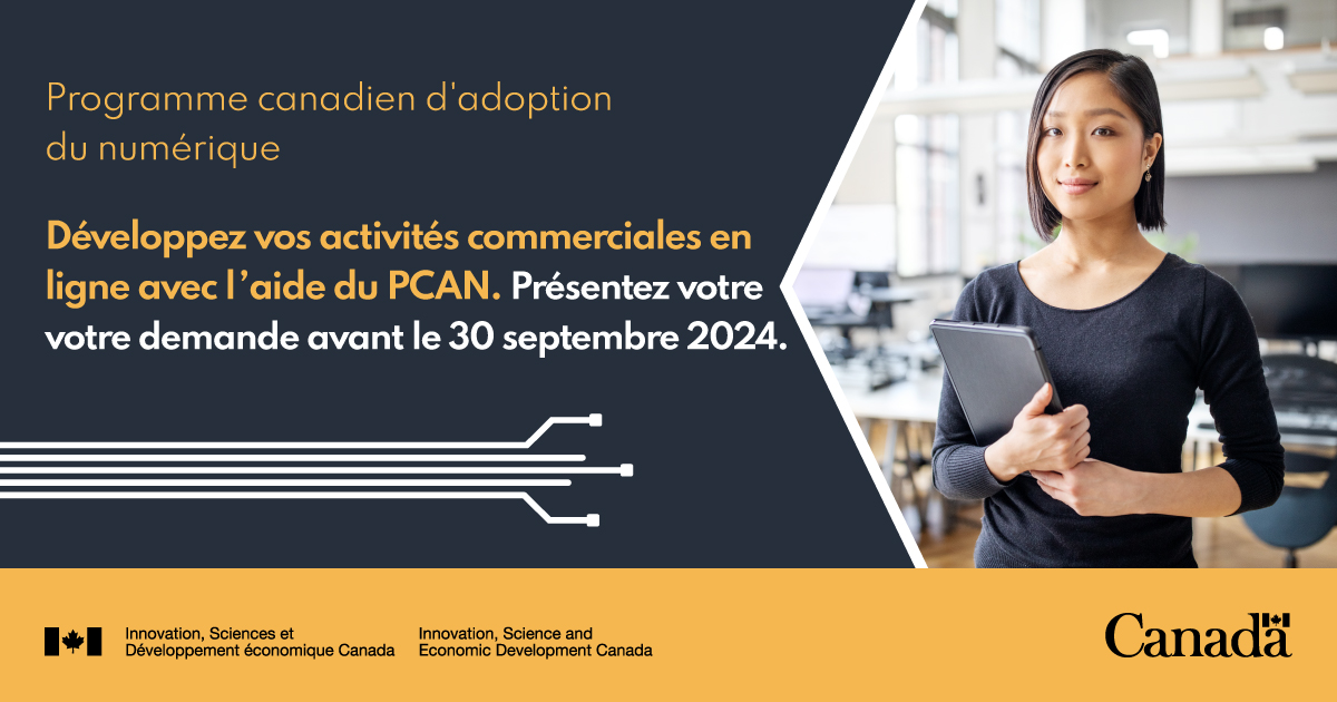 entreprisescan's tweet photo. #PetitesEntreprisesCdn, il vous reste peu de temps pour présenter une demande de subvention au titre de l’option Développez vos activités commerciales en ligne du #PCAN. Faites-le d’ici le 30 septembre et intensifiez vos activités de commerce électronique. https://t.co/AjSN7ME0NP https://t.co/WQmAPNnIR1