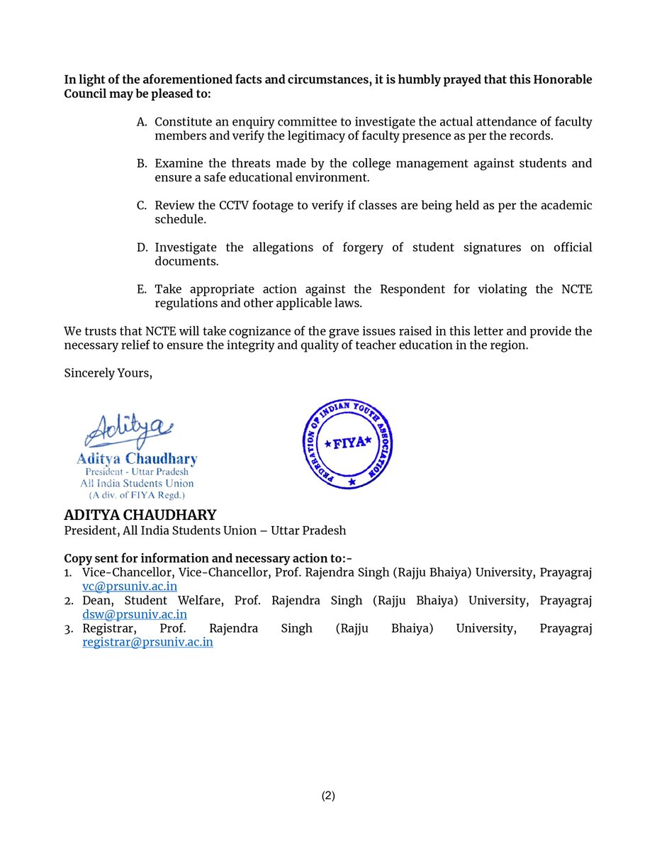 Complaint Regarding Severe Irregularities And Malpractices in the B.Ed. Course at Munshi Ram Dhani Jagroop Singh Degree College
<a href="/Official_AISU/">All India Student's Union ( AISU )</a> <a href="/OfficialPrsu/">PRSU PRAYAGRAJ OFFICIAL</a> @ncteDelhi