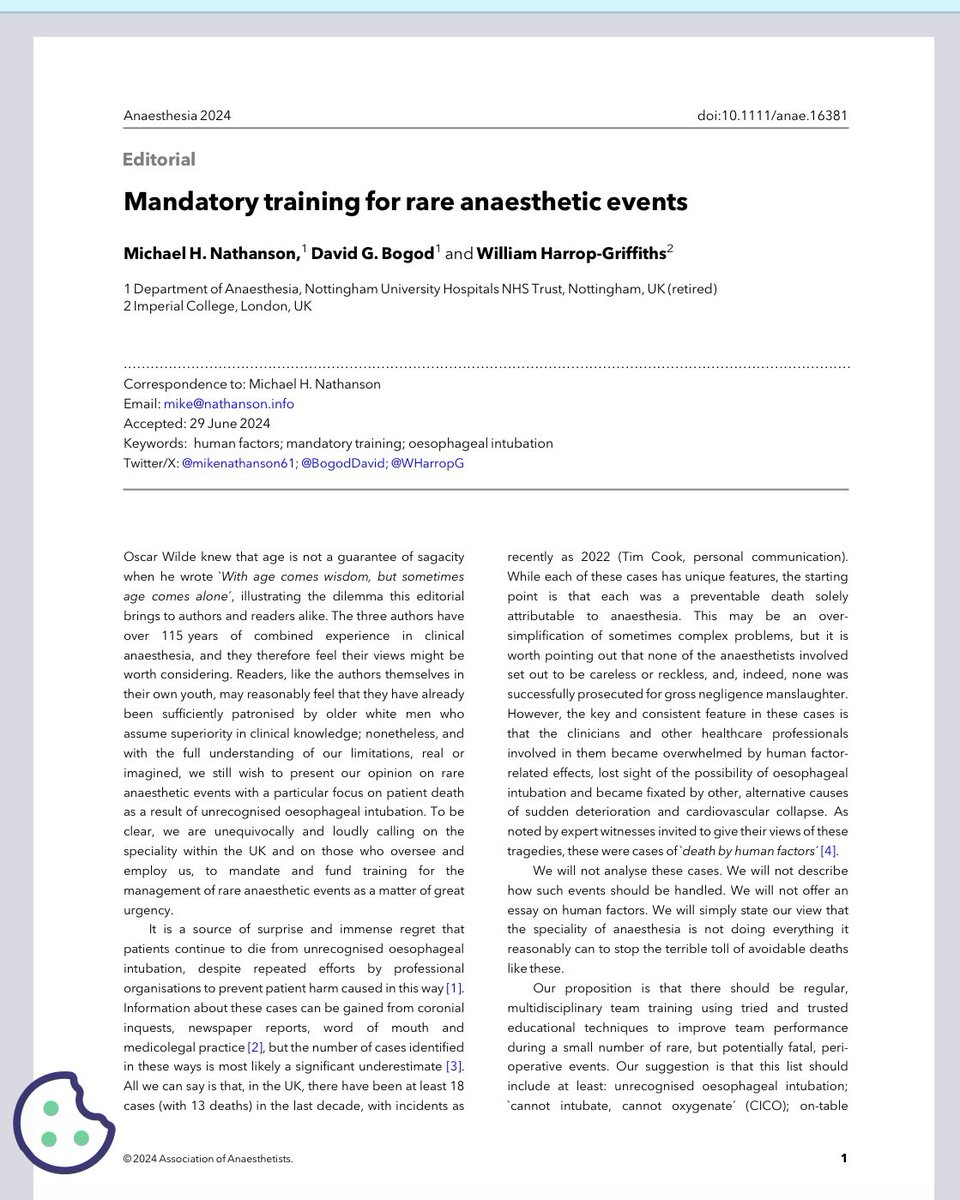Fiona (@fionafionakel) on Twitter photo All anaesthetists are at risk of a fall in performance during high stress situations- however experienced, competent &conscientious they are
We therefore need:
✔️design of safe systems using human factors
✔️mandatory crisis Mx training for **all grades**
…-publications.onlinelibrary.wiley.com/doi/epdf/10.11… All anaesthetists are at risk of a fall in performance during high stress situations- however experienced, competent &conscientious they are
We therefore need:
✔️design of safe systems using human factors
✔️mandatory crisis Mx training for **all grades**
…-publications.onlinelibrary.wiley.com/doi/epdf/10.11…
