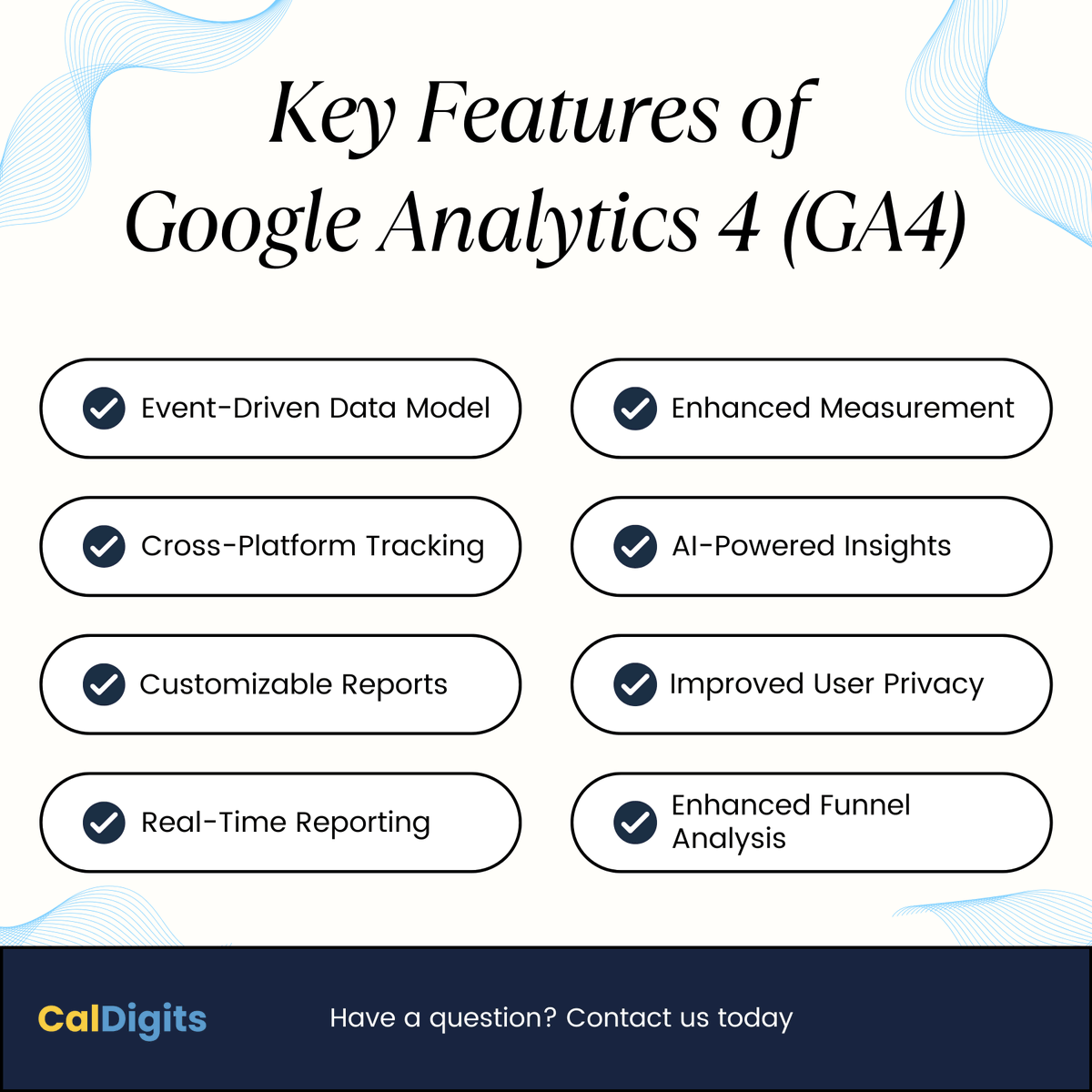 CalDigits's tweet image. Key Features of Google Analytics 4 (GA4)    
#GoogleAnalytics4 #GA4 #AnalyticsFeatures #EventTracking #CrossPlatformAnalytics #AIInsights #PrivacyCompliance #CustomReports #BigQueryIntegration #UserMetrics