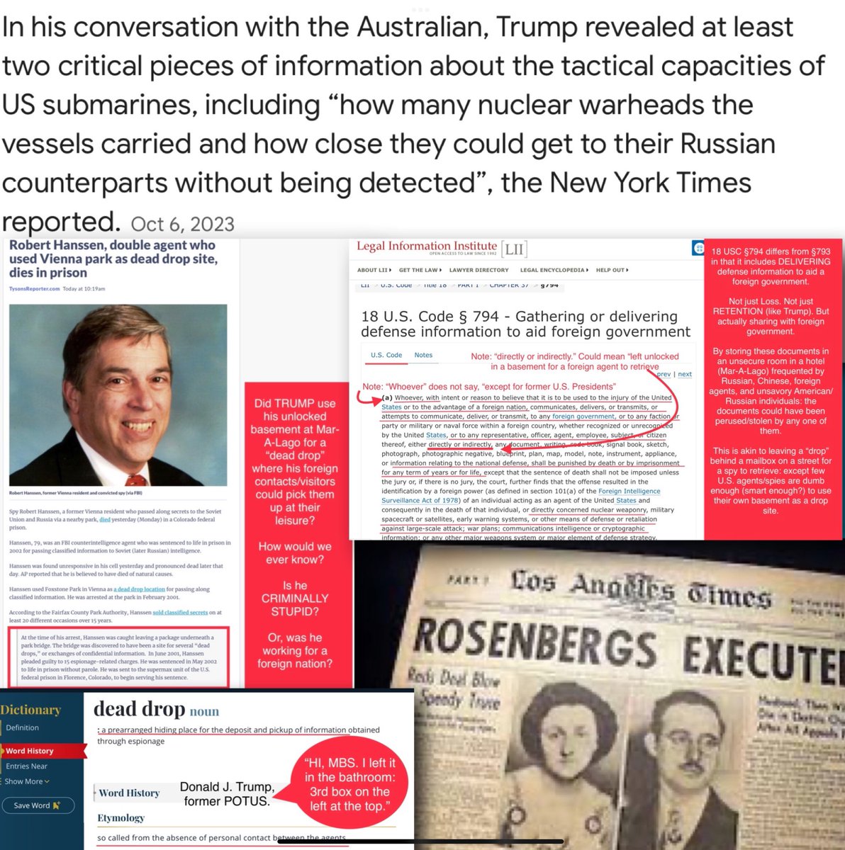 Brainy1986's tweet photo. On 20 Jan 2021, Trump DID pack and move ~20 BOXES of SECRET/TOP SECRET materials in his household goods to his retirement home. Left unguarded in the ballroom/bathroom in PUBLIC HOTEL frequented by foreigners like Guo Wengui. Told Australian. Who ELSE? Rosenberg’s did LESS. https://t.co/EEKShnXu4J