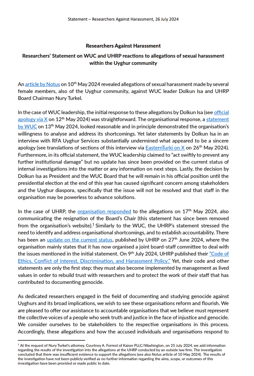 ReasonablyRagin's tweet photo. I signed this researchers statement on sexual harassment in the #HumanRights space because:

Sexual harassment is wrong.

Women are needed to document human rights abuses.

Addressing these issues will strengthen the research &amp; advocacy on genocide of #Uyghurs in East Turkistan. https://t.co/7iyGfrYAZw