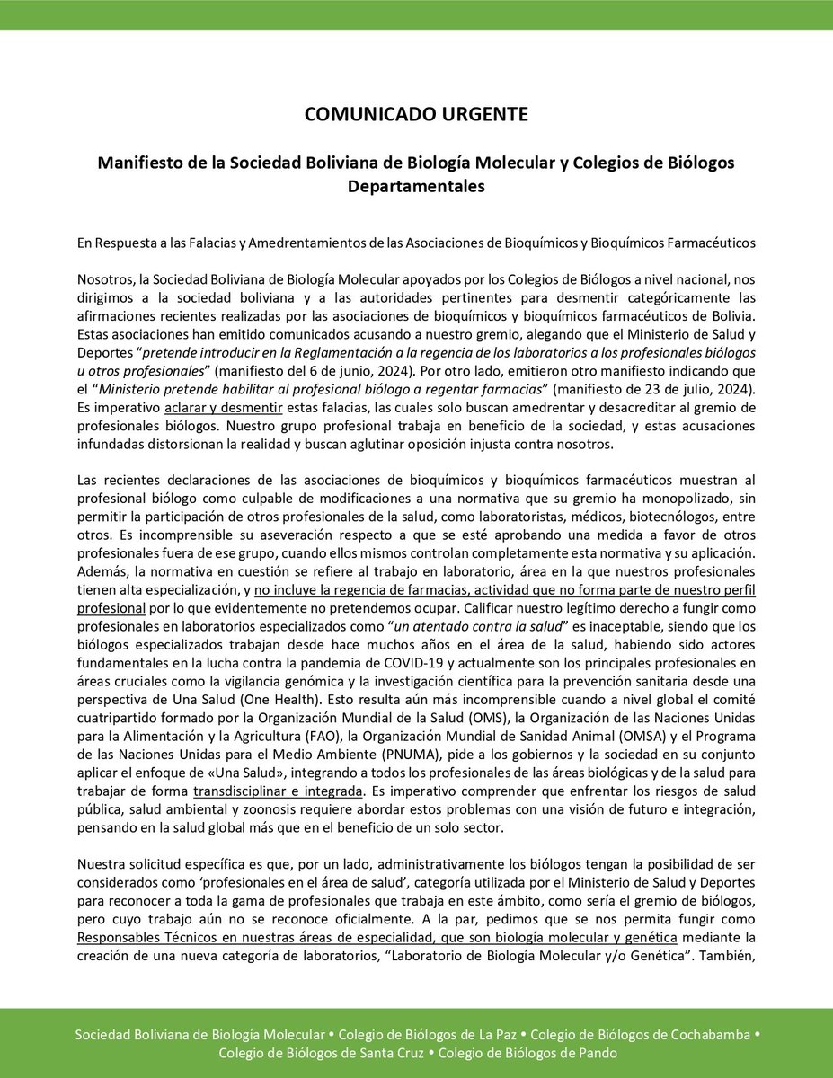 𝗖𝗢𝗠𝗨𝗡𝗜𝗖𝗔𝗗𝗢 𝗨𝗥𝗚𝗘𝗡𝗧𝗘
𝗠𝗮𝗻𝗶𝗳𝗶𝗲𝘀𝘁𝗼 𝗱𝗲 𝗹𝗮 𝗦𝗼𝗰𝗶𝗲𝗱𝗮𝗱 𝗕𝗼𝗹𝗶𝘃𝗶𝗮𝗻𝗮 𝗱𝗲 𝗕𝗶𝗼𝗹𝗼𝗴𝗶𝗮 𝗠𝗼𝗹𝗲𝗰𝘂𝗹𝗮𝗿 𝘆 𝗖𝗼𝗹𝗲𝗴𝗶𝗼𝘀 𝗱𝗲 𝗕𝗶𝗼𝗹𝗼𝗴𝗼𝘀 𝗗𝗲𝗽𝗮𝗿𝘁𝗮𝗺𝗲𝗻𝘁𝗮𝗹𝗲𝘀