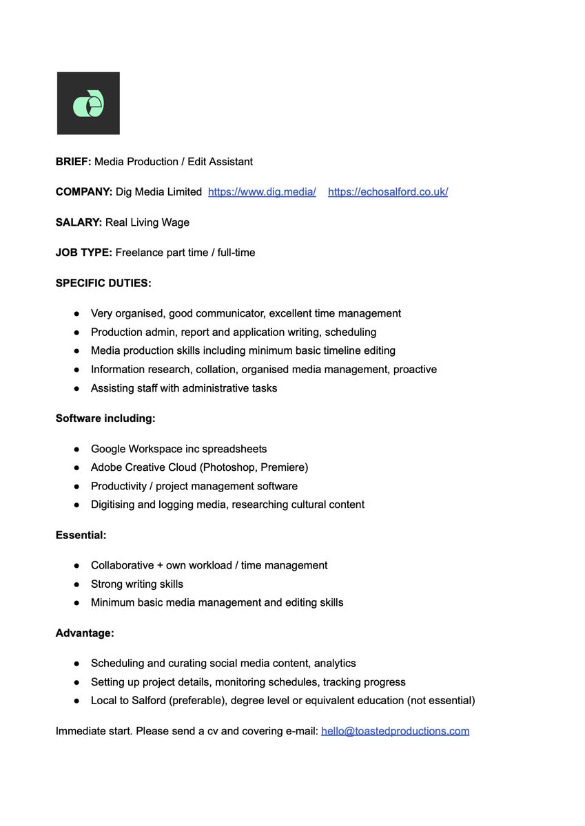 We're looking for a freelance Media Production &amp; Edit Assistant. If you're interested, take a look at the job brief 👇  and get in touch! We're looking forward to hearing from you 👋