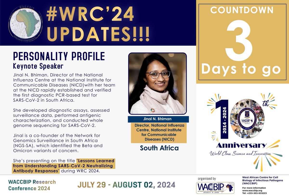 WACCBIP_UG's tweet photo. 🌟 Join us at #WRC2024 for a keynote by Jinal N. Bhiman, Director of the National Influenza Centre at the National Institute for Communicable Diseases (NICD)!  She’ll be sharing valuable insights on "Lessons Learned from Understanding SARS-CoV-2 Neutralizing Antibody Responses." 🦠 Just 3 days to go! #WACCBIPis10 #COVID19 #AntibodyResearch #ScienceConference