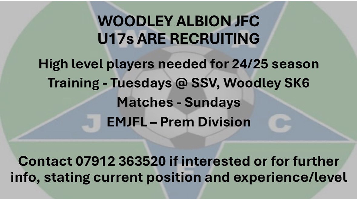 Our U17s are looking for more players - get in touch if you are interested or want more information #U17s #teamwoodleyalbion⚽️💙💚⚽️