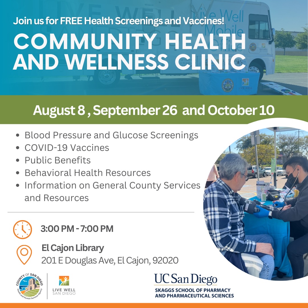 Jacinda Abdul-Mutakabbir (Dr.JAM) PharmD MPH (@jaycdoesid) on Twitter photo After almost a year of planning, the San Diego outreach clinics are preparing to launch! In collaboration, <a href="/UCSDPharmacy/">UC San Diego Skaggs School of Pharmacy</a>, SD County HHS Agency (Livewell and Pharmacy Services) will host a series of Community Health and Wellness Clinics at the El Cajon Library! Join us! After almost a year of planning, the San Diego outreach clinics are preparing to launch! In collaboration, <a href="/UCSDPharmacy/">UC San Diego Skaggs School of Pharmacy</a>, SD County HHS Agency (Livewell and Pharmacy Services) will host a series of Community Health and Wellness Clinics at the El Cajon Library! Join us!