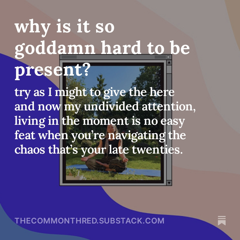 🤔 Why is it so goddamn hard to be present? 

📝 Find relatability in the struggle with our latest piece on The Common Thred.

#Mindfulness #BePresent #GenZ #Substack 
thecommonthred.substack.com/p/why-is-it-so…
