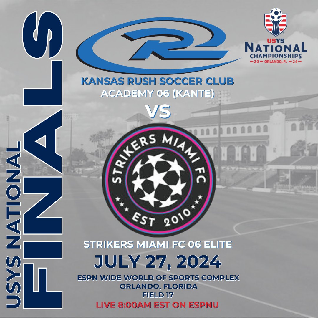KS_RushSoccer's tweet photo. One shot. One opportunity. One moment. The '06 Academy Boys play for a National Championship in the 2024 USYS National Finals on Saturday. Good luck to Coach Daouda and the boys!
📺 The game will be broadcast LIVE on ESPNU at 8 am ET / 7 am CT.
#OneTeamOneClubOneFamily https://t.co/QZi4GfzJ8t