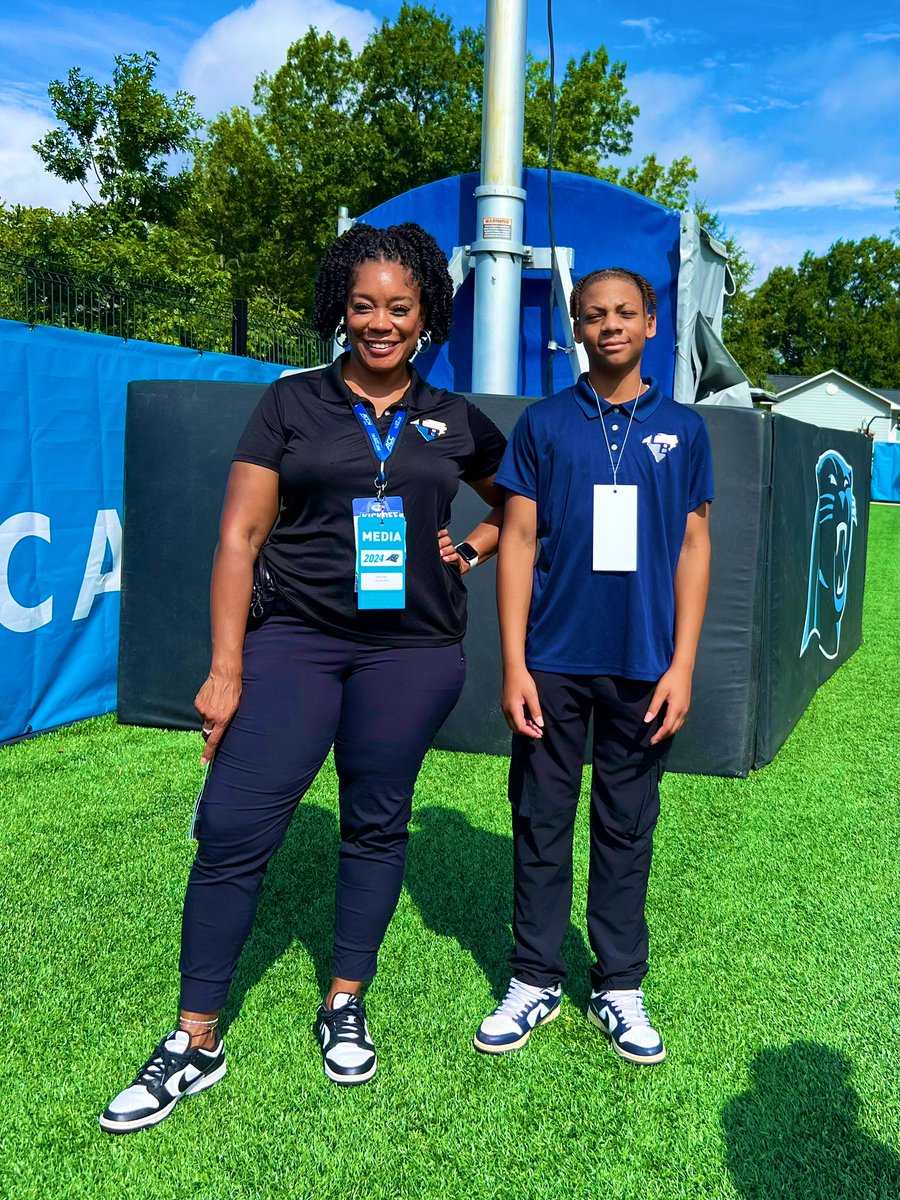 mzcarolinablitz's tweet photo. Bryce, a 12 year old from Louisiana, shadowed me this week as I covered training camp &amp; ACC Kickoff

Although most of the learning was done by him, I did find out that the kids have rebranded cool points as aura points &amp; according to him I have 1,000,000 of them 💪🏾. #KeepBlitzin https://t.co/Pi97eNRcpU