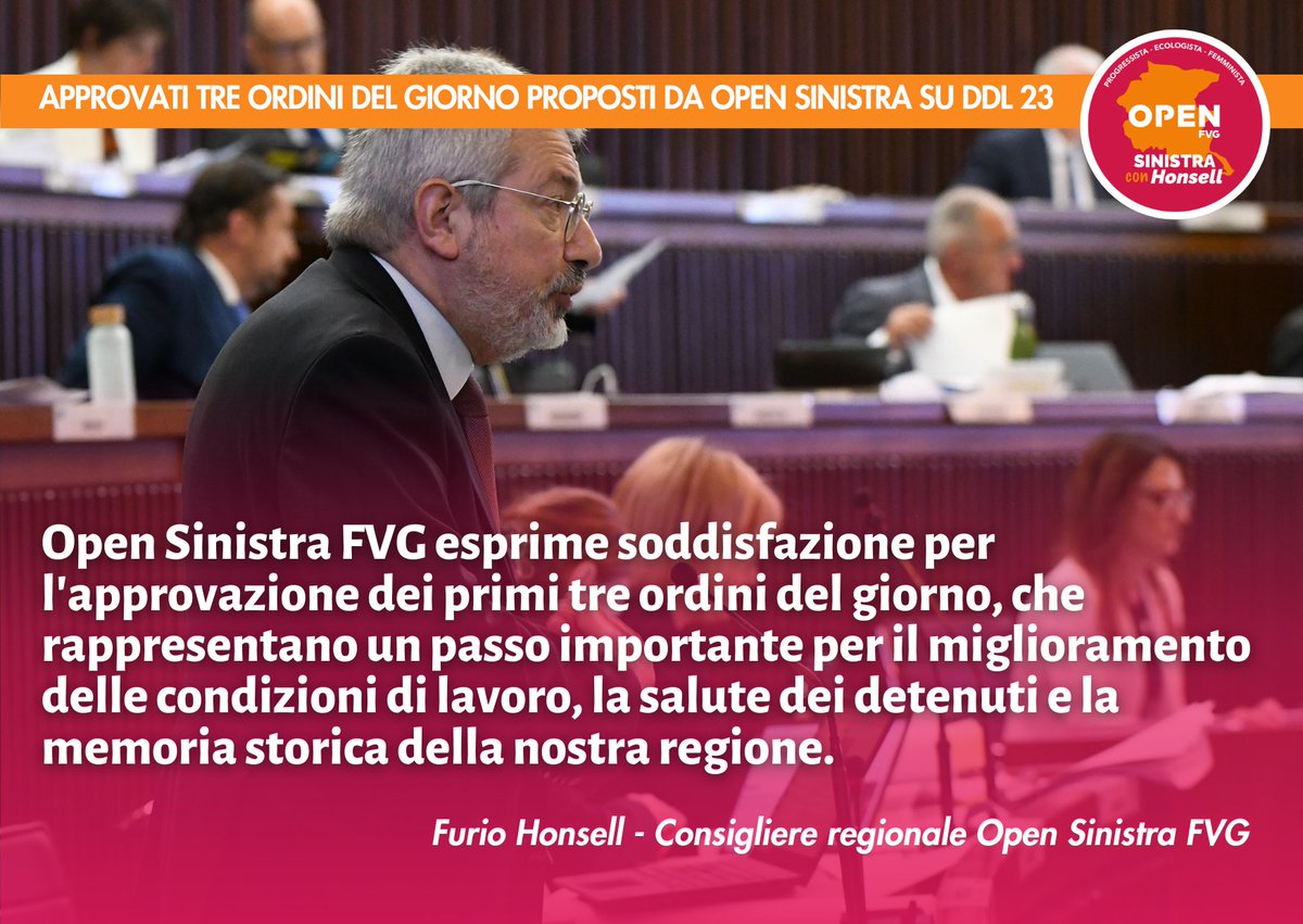 furio_honsell's tweet image. La #Giunta regionale ha approvato tre odg proposti da #OpenSinistraFVG su #salutementale dei #detenuti, #mobbing e adesione a #FondazioneVajont. Ritirato l’ordine sul tema sicurezza e balneazione nei fiumi per approfondimenti. Soddisfatti per questi tre importanti risultati!