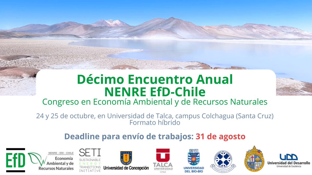 📢 ¡Llamado a envío de trabajos para el Décimo Encuentro Anual de NENRE EfD-Chile! 📝 El evento será el 24 y 25 de octubre en la <a href="/UTalca/">Universidad de Talca</a>, campus Colchagua, en formatos presencial y virtual. El deadline para envío de trabajos es 31 de julio. Accede aquí: bit.ly/4dBgd8f.