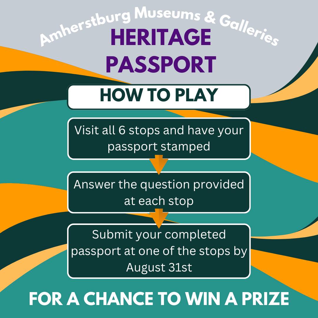 We are excited to be a part of the brand new Heritage Passport Program! Get your passport at <a href="/Aburgfreedom/">Amherstburg Freedom</a> Essex County Library-Amherstburg Branch, Fort Malden National Historic Site <a href="/ARTamherstburg/">Gibson Gallery</a> <a href="/PM_Amherstburg/">Provincial Marine</a> Marsh Collection <a href="/parkhousemuseum/">Park House Museum</a> <a href="/VisitAmherstbrg/">Visit Amherstburg</a>
