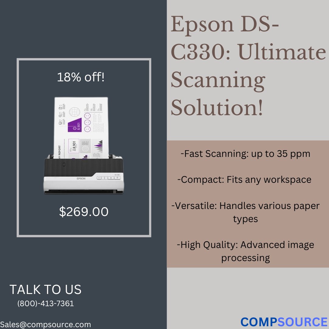 CompSource's tweet image. Looking for a reliable, high-performance scanner? The Epson Ds-C330 is the perfect choice! Buy from CompSource to enjoy exceptional customer service, competitive pricing, and a trusted source for all your needs. @EpsonAmerica #Epson #CompSource
Link: compsource.com/buy/b11b272201…