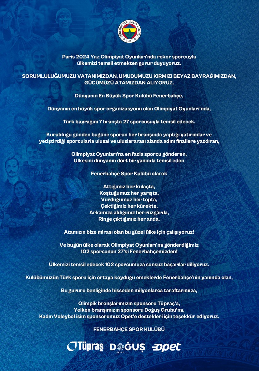 #Paris2024 Yaz Olimpiyat Oyunları'nda rekor sporcuyla ülkemizi temsil etmekten gurur duyuyoruz. 

SORUMLULUĞUMUZU VATANIMIZDAN, UMUDUMUZU KIRMIZI BEYAZ BAYRAĞIMIZDAN, GÜCÜMÜZÜ ATAMIZDAN ALIYORUZ 🇹🇷 

🔗 fenerbahce.org/haberler/kulup…