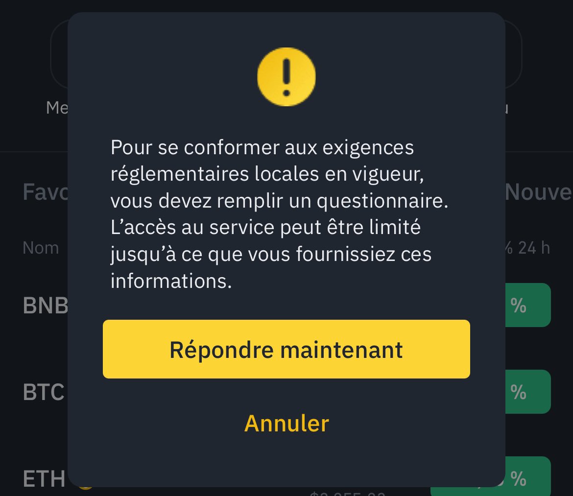 🚨QUESTIONNAIRE BINANCE 

Ceux qui ont toujours binance, vous avez eu un questionnaire à remplir de force aussi ou ?