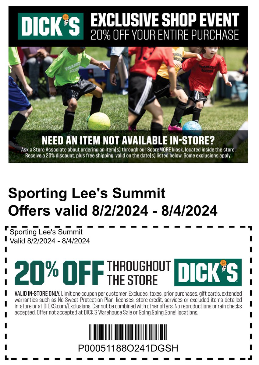 SportingLS's tweet image. SLS Customer Appreciation Weekend!  Get everything you need for Fall Soccer!  Save 20% off Friday through Sunday (7/26-7/28 AND tax-free weekend 8/2-8/4) at Dick’s Sporting Goods!!  Practices can start the week of 7/29, so get what you need!!