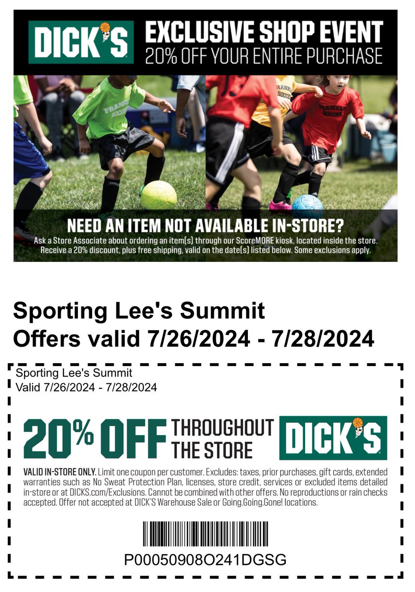 SportingLS's tweet image. SLS Customer Appreciation Weekend!  Get everything you need for Fall Soccer!  Save 20% off Friday through Sunday (7/26-7/28 AND tax-free weekend 8/2-8/4) at Dick’s Sporting Goods!!  Practices can start the week of 7/29, so get what you need!!