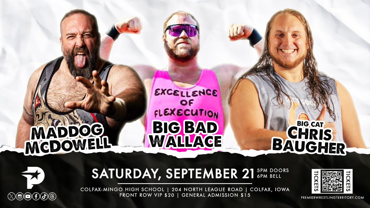 PWTerritory's tweet photo. Maddog McDowell vs Big Bad Wallace vs Big Cat Chris Baugher at Premier Wrestling Territory presents Back To School! Saturday, September 21st in Colfax, Iowa! Tickets available at https://t.co/0xoVjhIlhg! https://t.co/gpFTvtrkJR