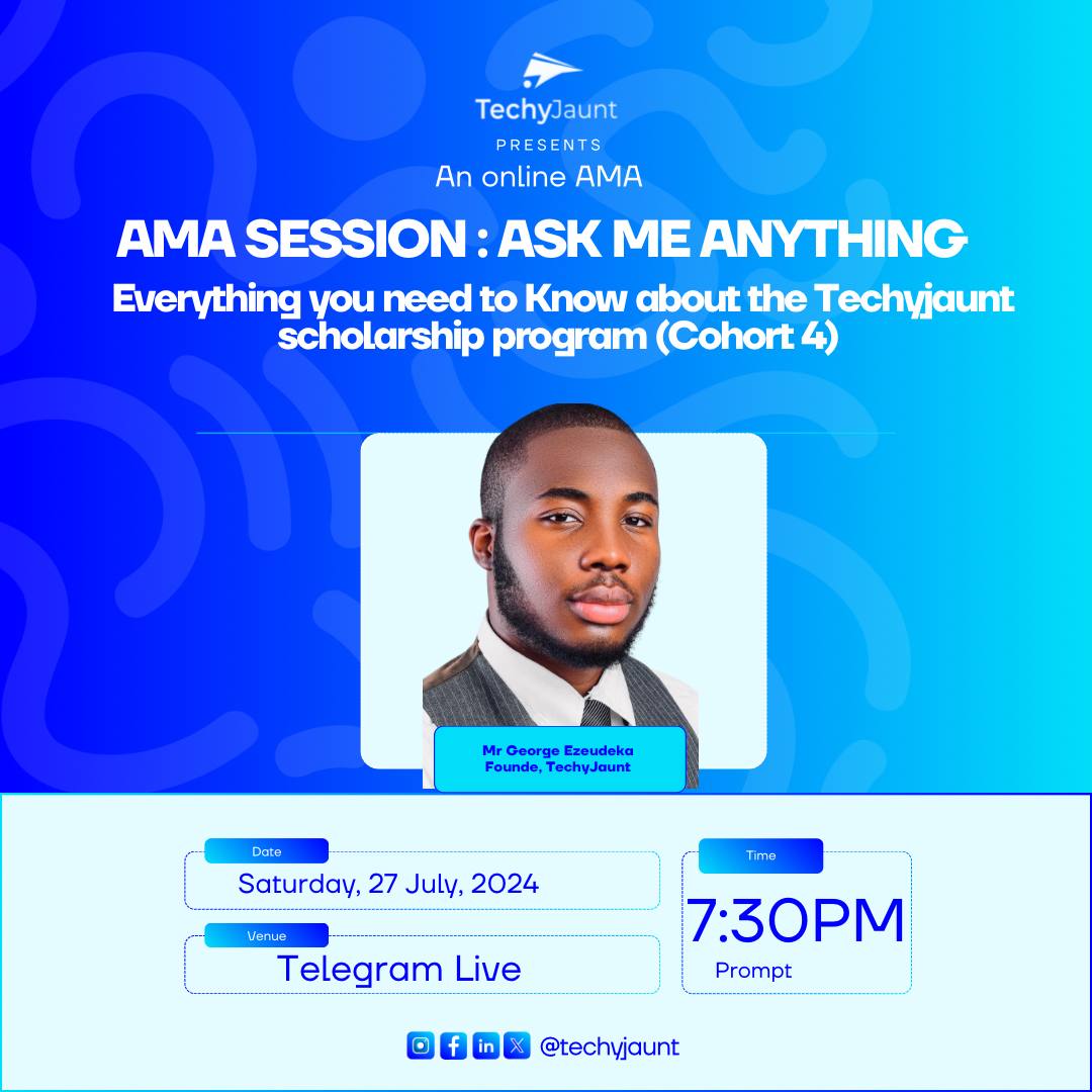 TechyJaunt's tweet photo. AMA Session: our Ask me anything is on Saturday!🔥

I know you might have some burning questions about the Techy Jaunt Scholarship Program, and now is the best time to ask!

As part of this program, we are hosting an AMA session that will give you an opportunity to ask any questions you have about the program, its requirements, and the application process. We will also be talking about all our courses and the best one for you!

Join us on Saturday at 7:30 PM on Telegram!

Set a reminder: https://t.co/cw2Ifz0Tn7

#ama #tech #techskills
