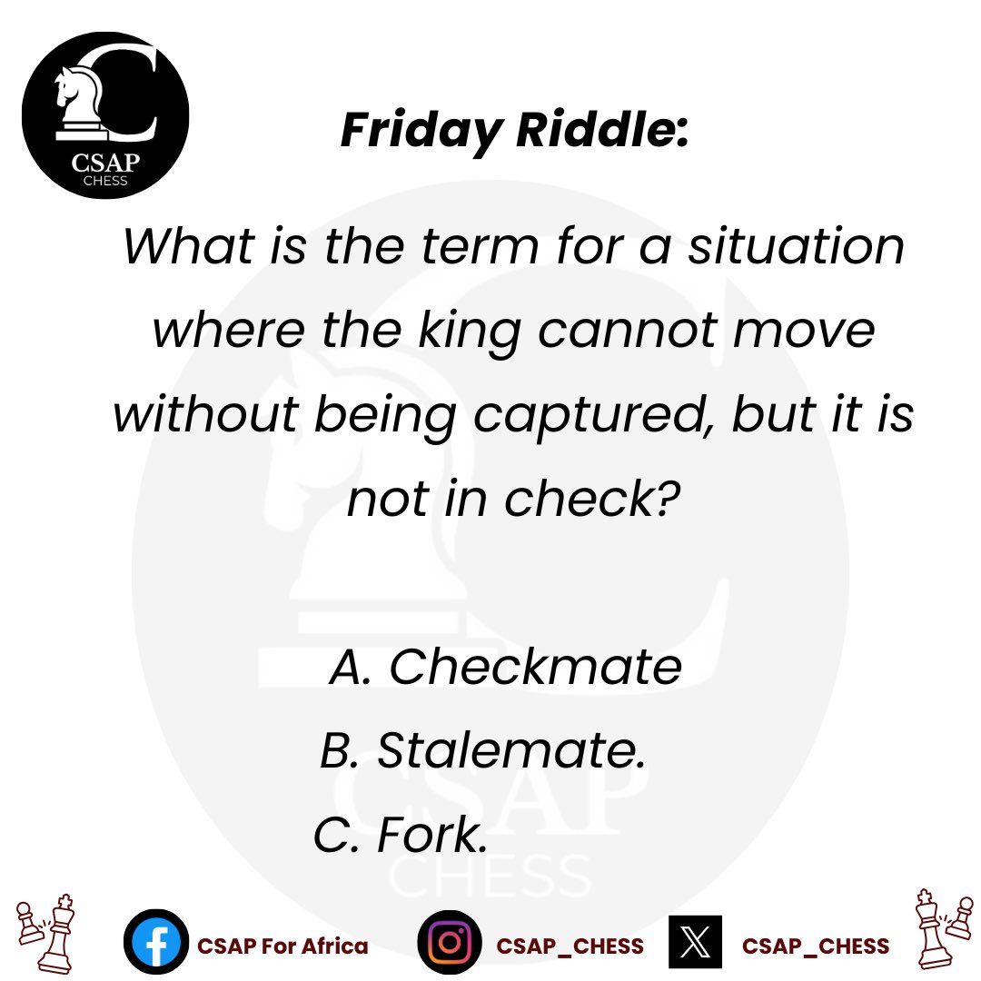 Csap_Chess's tweet image. Check your chess knowledge! 

What&apos;s the right answer? 

#RiddleMeThis #ChessChallenge #CSAPChess