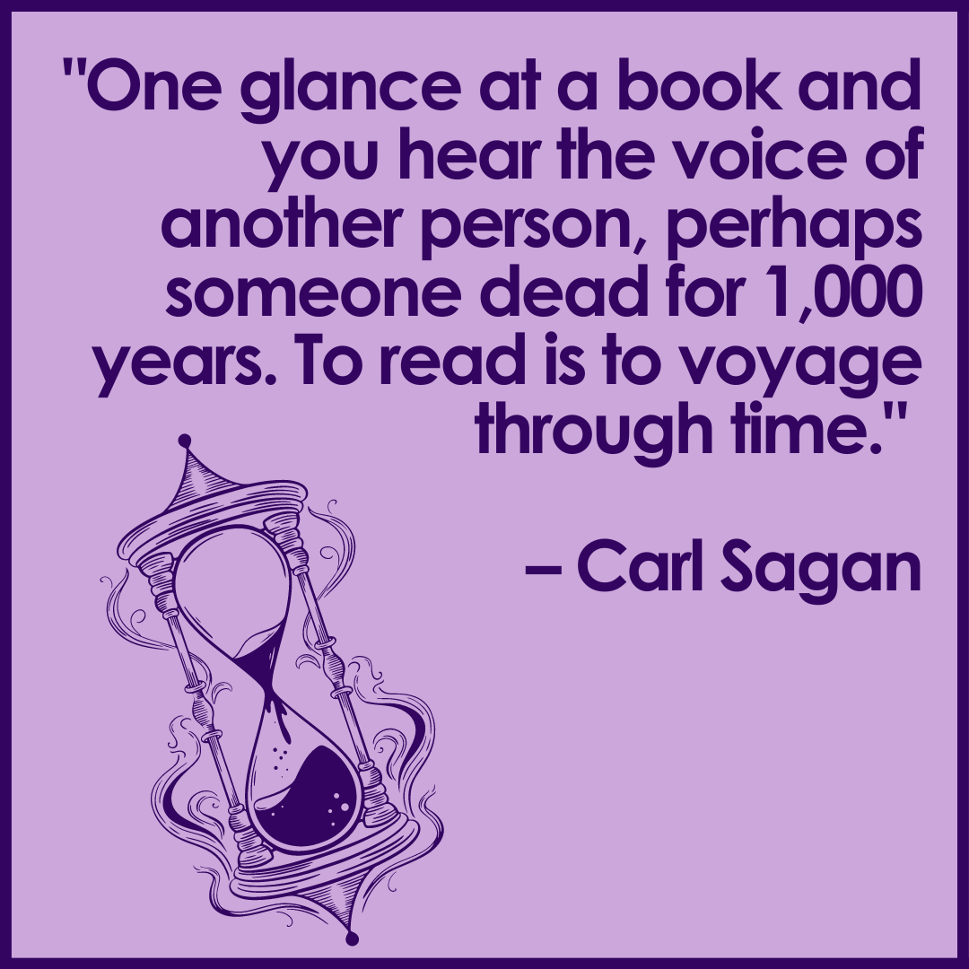 BradburyCenter's tweet photo. "One glance at a book and you hear the voice of another person, perhaps someone dead for 1,000 years. To read is to voyage through time."
โ Carl Sagan
#ReadingIsImportant #VoyageThroughTime #CarlSagan https://t.co/WQMmcbVTto