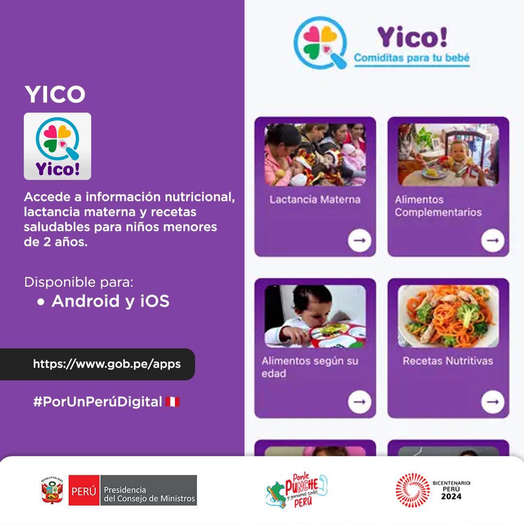 PeruPaisDigital's tweet photo. #CatálogodeApps | Conoce sobre alimentos para tu bebé, recetas y lactancia, consulta la app #Yico del #INS, desde tu teléfono.
👉Disponible para Android y iOS
📲Descárgala del Catálogo Oficial de Aplicativos Móviles https://t.co/OUunSchJ2R #PorUnPerúDigital 🇵🇪 #GobiernoDigital https://t.co/WWAjB10nAo