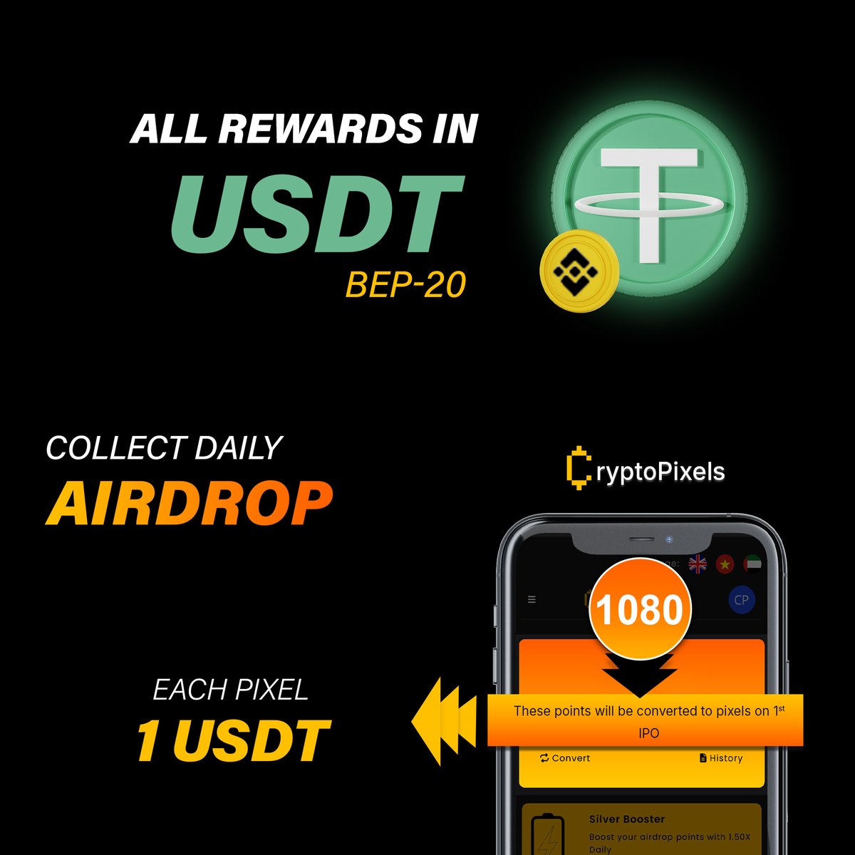 thecryptopixels's tweet photo. 🚀 We Don't Pay in Future Coins or Tokens!

All pixel profits & rewards are paid in USDT (BEP-20):

✅ No rewards in uncertain tokens that lose value or get dumped on listing day.
✅ No waiting for listings—cash in your rewards instantly!

Enjoy daily payouts in real-value token (USDT BEP-20) from day one! 💸

#Airdrop #cryptocurrency #CryptoPayments #CryptoRewards