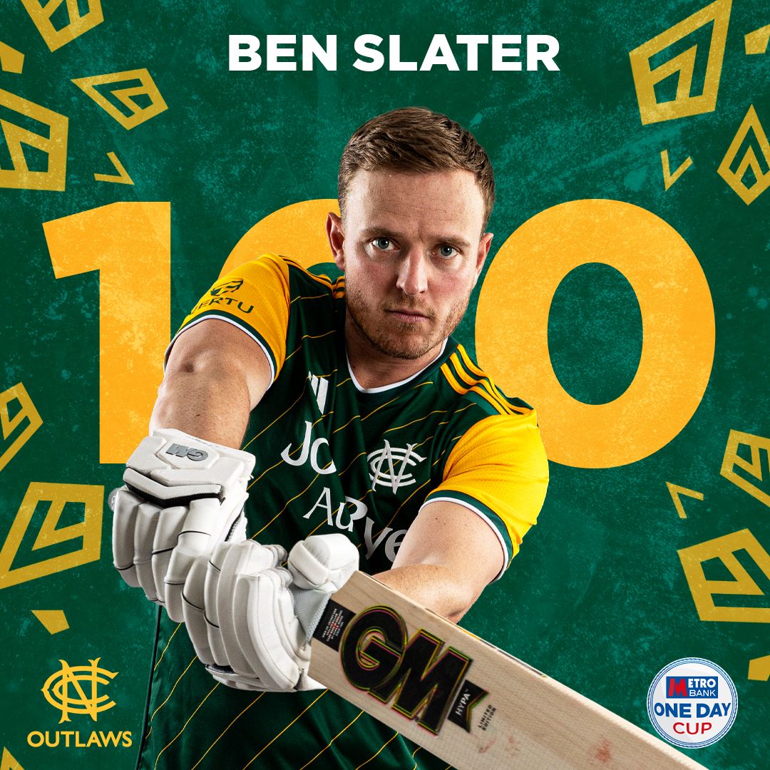 TrentBridge's tweet photo. CENTURY FOR SLATER!🫡
The #ListALara brings up three figures from 119 balls with a boundary, Superb innings Ben👏
Notts 196/2 chasing 217.
#NOTSUS | 📺 https://t.co/150sdB9RXf https://t.co/7laXgrNHGZ