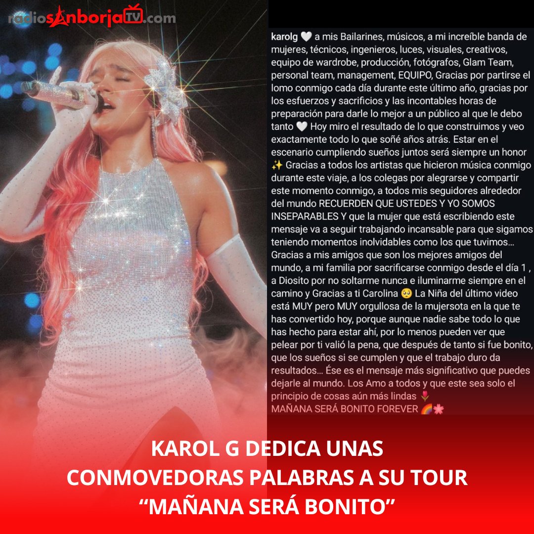 📢Karol G dedica unas conmovedoras palabras a su tour “Mañana será bonito”📢

Recientemente la cantante colombiana, Karol G finalizó su tour "Mañana será bonito" y agradeció a todo su equipo que estuvo detrás de sus conciertos.

#karolg #mañanaserabonito #colombia #parati #fypシ