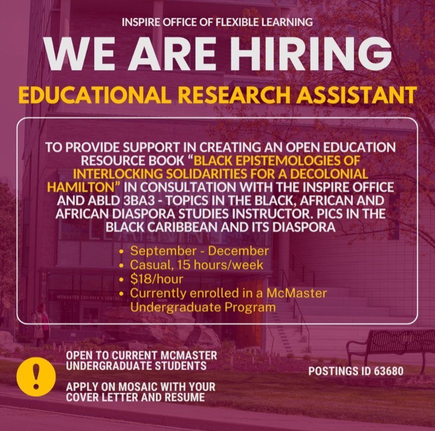 dr decolonial (@drdecolonial) on Twitter photo Are you an undergraduate student at <a href="/McMasterU/">McMaster University</a>?
<a href="/MacIntersession/">McMaster Intersession Learning</a> is hiring an Educational Research Assistant to assist me with developing an open education resource "Black Epistemologies of Interlocking Solidarities for a Decolonial Hamilton." #HamOnt
careers.mcmaster.ca/psp/prcsprd/EM… Are you an undergraduate student at <a href="/McMasterU/">McMaster University</a>?
<a href="/MacIntersession/">McMaster Intersession Learning</a> is hiring an Educational Research Assistant to assist me with developing an open education resource "Black Epistemologies of Interlocking Solidarities for a Decolonial Hamilton." #HamOnt
careers.mcmaster.ca/psp/prcsprd/EM…
